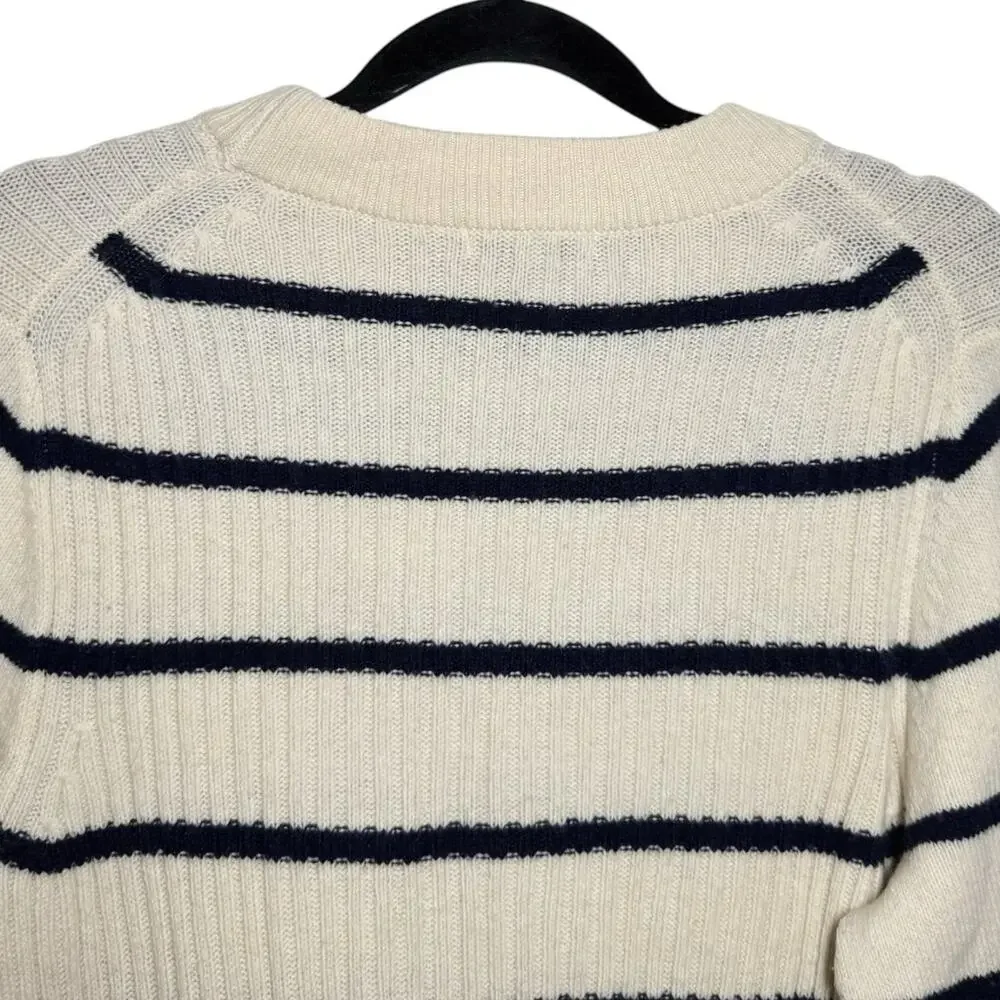 Ganni Cream Black Striped Ribbed Minimal Merino Wool Yak Mercer Sweater Medium